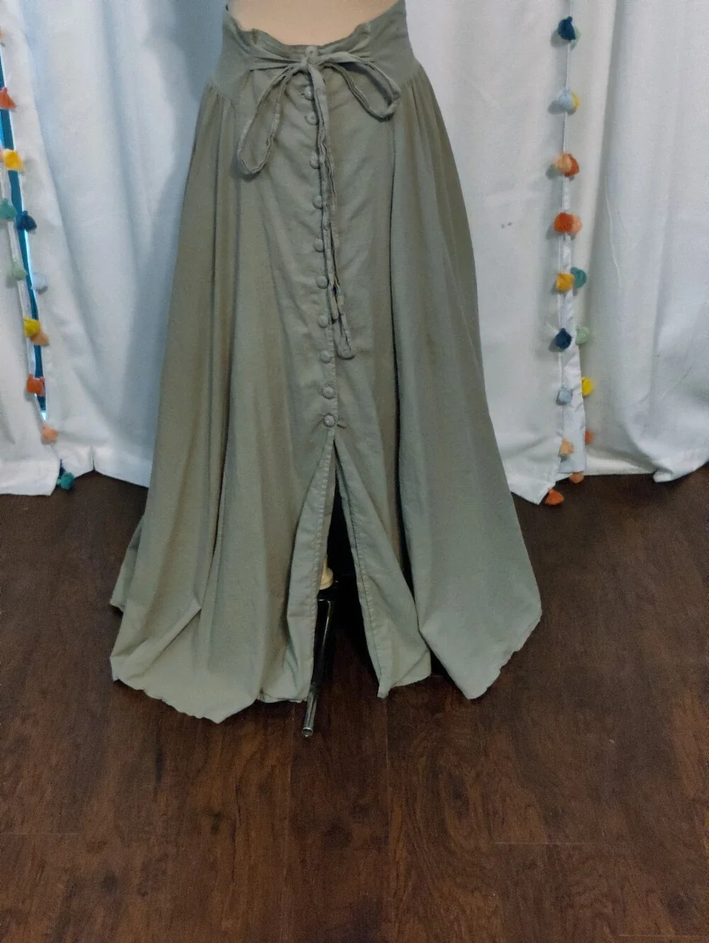 Luna Luz Vintage Cotton Maxi Skirt full button front Low Slung khaki/green SM - Picture 2 of 9